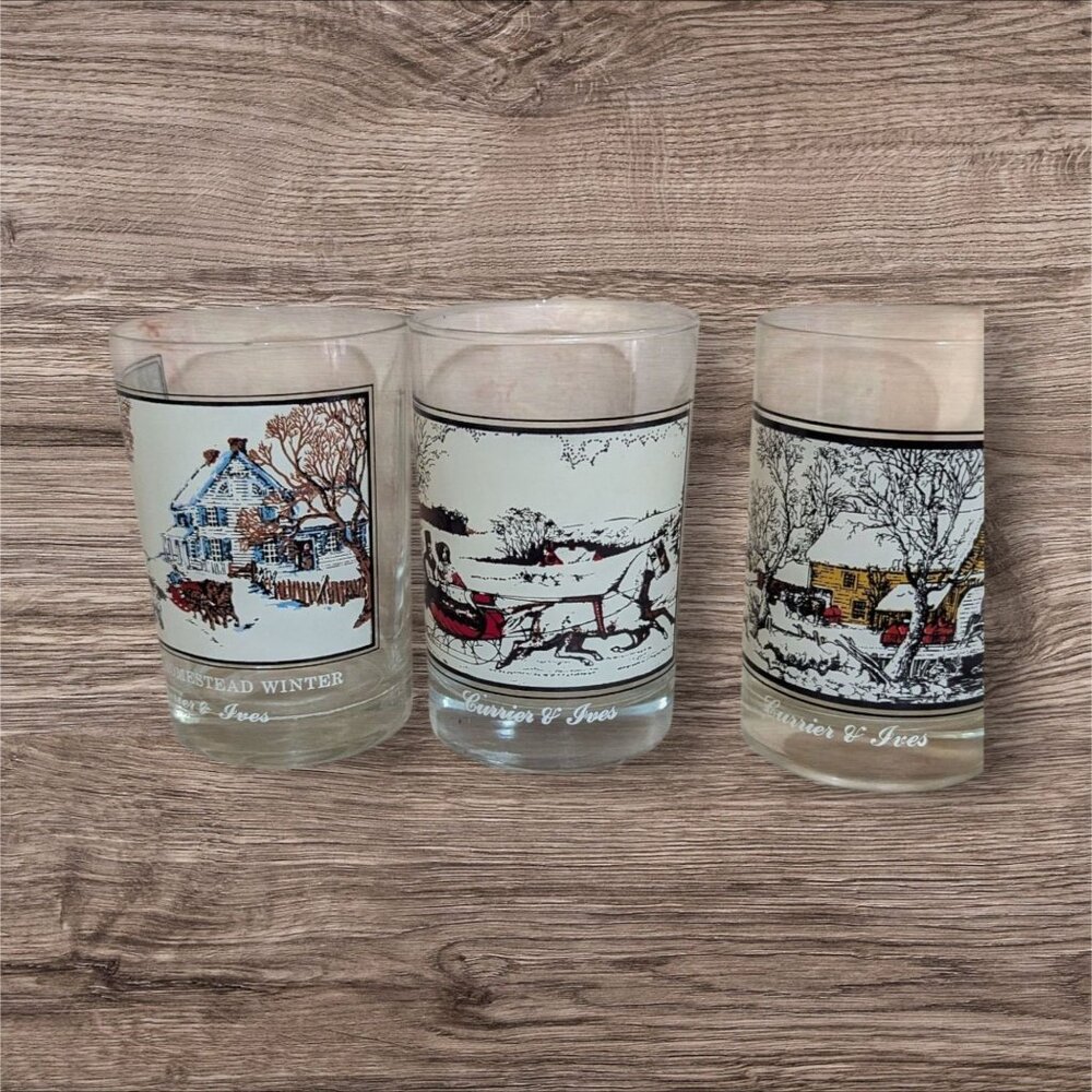 Currier & Ives Winter Glass Tumblers Set Of‎ 3 Vintage Seasonal Scenes